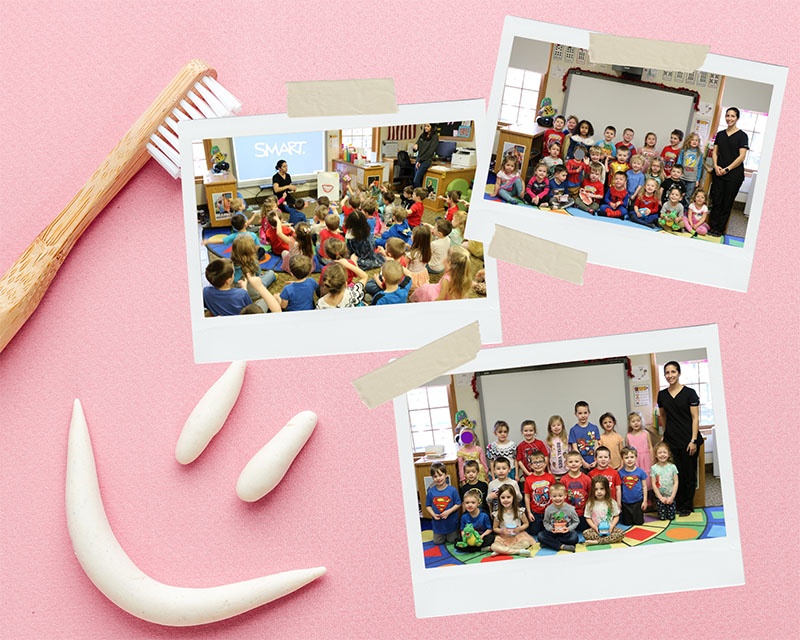 Collage of Photos showing Laura Brannaka, RDH with Laurel Health, teaching children how to support their dental health with wellness education like how to properly brush their teeth; there are three photos of Laura and daycare students framed like polaroids on a pink background with a smile made out of toothpaste and a toothbrush.